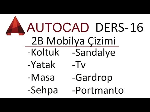 Autocad Ders - 16 - Uygulama-3: (Masa, Sandalye, Yatak, Koltuk, Gardrop, Portmanto, Sehpa,Tv Çizimi)