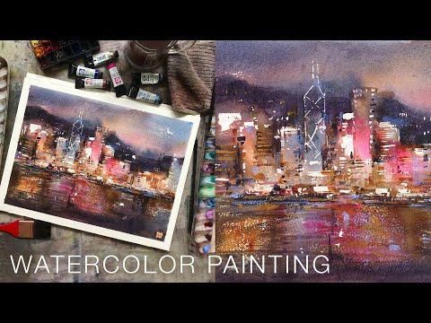 How to Paint a City Skyline Sunset View with Watercolors (Full Process Demo)