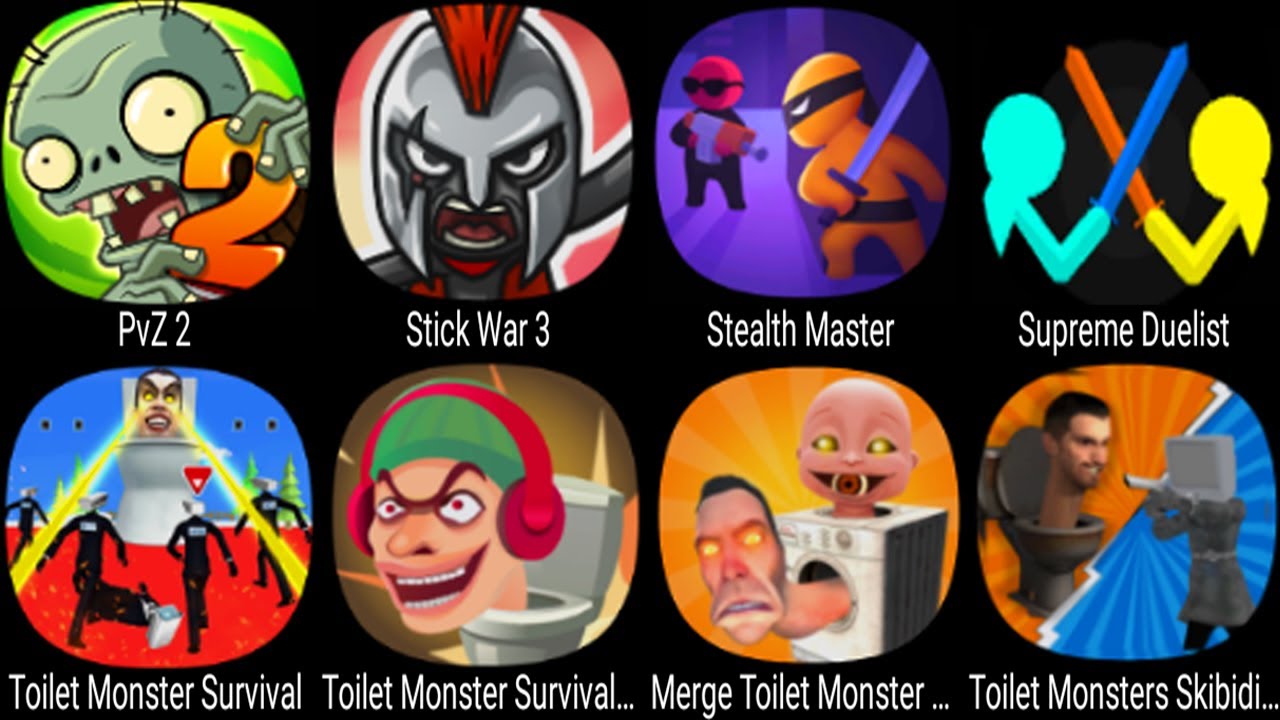 Bowmasters,Poppy Mobile,Death Park 2,Meme Face Hide Seek,Stick War Legacy,Supreme  Duelist Stickman 