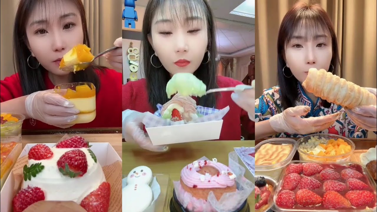 ASMR🫐Blueberry Cake,🍓Strawberry Cake, Mochi,Mango Pudding,🥖Puff,Mini Cake 🍰Eating 