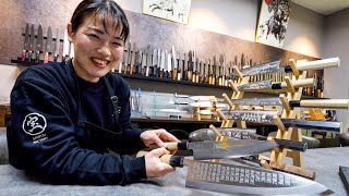 Process of engraving on knives. Young Japanese woman recognized by the world. amazing technique.