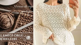 Alaçatı Stili Ajurlu Kayık Yaka Kazak - Şık Zarif Ajurlu Kazak Modeli