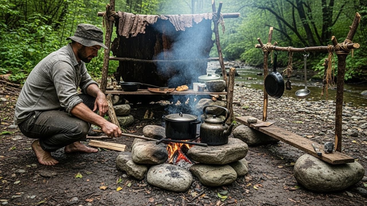 Man Builds a Cozy Streamside Kitchen with Wood and Stone