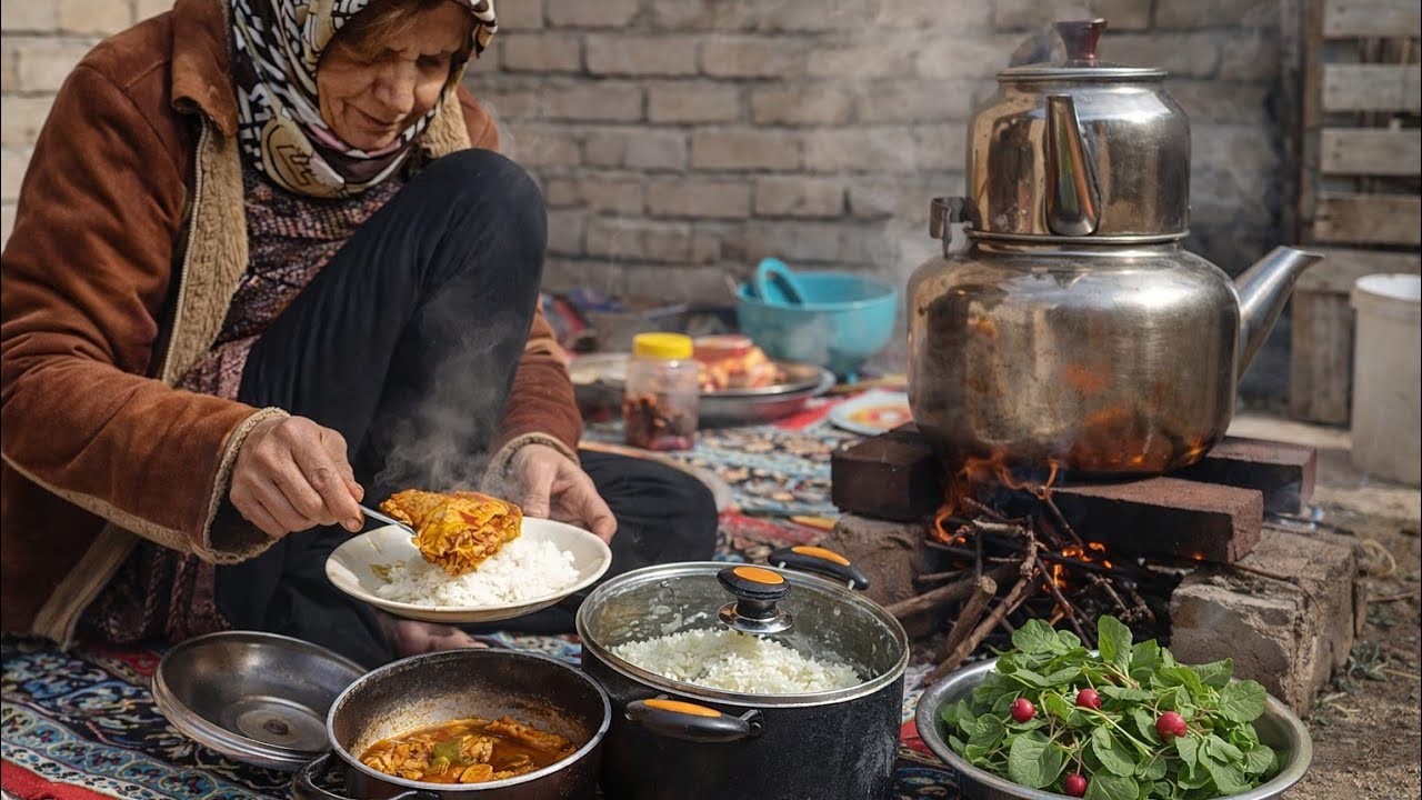 Village Life Cooking | Rice & Chicken Stew, Fire Tea and Fresh Greens