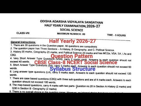Half Yearly Exam 2026-27/Question Pattern & Syllabus Structure/CBSE Class-8/NCERT Social Science