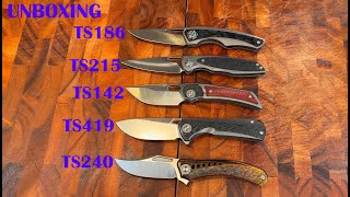Twosun Unboxing. 5 Knives! TS142 TS186 TS215 TS240 TS419 & Fade Dye G10 Directions