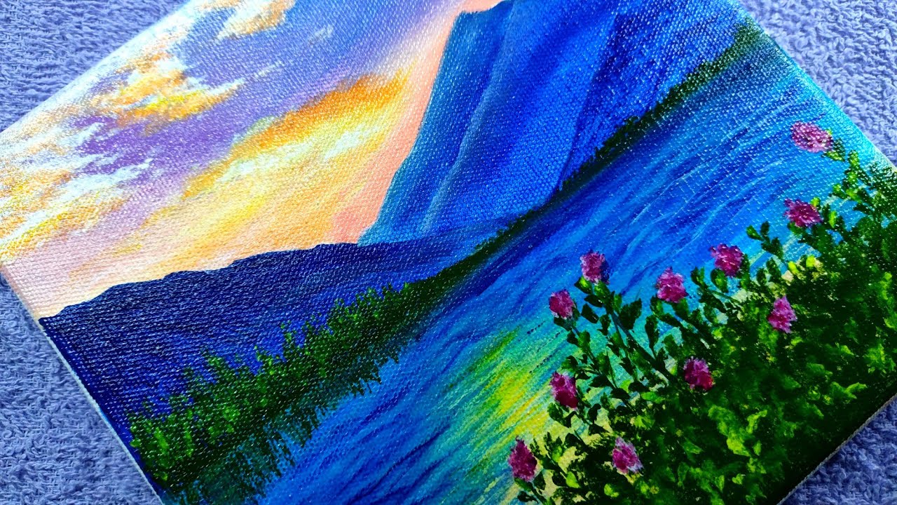 How to paint sunset lake view acrylic paintingacrylic painting for beginners YouTube