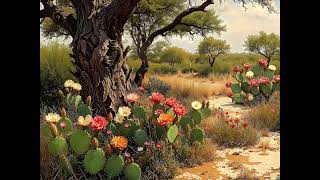 South Texas Mesquite Tree Cactus Bloom Landscape Giclee Print Southwestern Ranch Desert Wall Art
