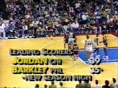 Michael Jordan and Charles Barkley put on a show at The Spectrum. Jordan scores 52 (24/29 FG!!!!), while Sir Charles puts up 42 points (18/25 FG!!!!). Not like these days when some of these stars score 30 by attempting 30 shots. November 16, 1988.