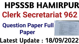HP Secretariat clerk 962 Question Paper 18/09/2022