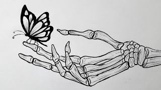 How to draw a skeleton hand with butterfly || Skeleton drawing