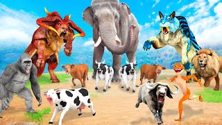 Giant Gorilla vs Giant Tiger Lion vs 10 Cow Cartoon Buffalo Saved By Gorilla Asian Elephant Wildlife