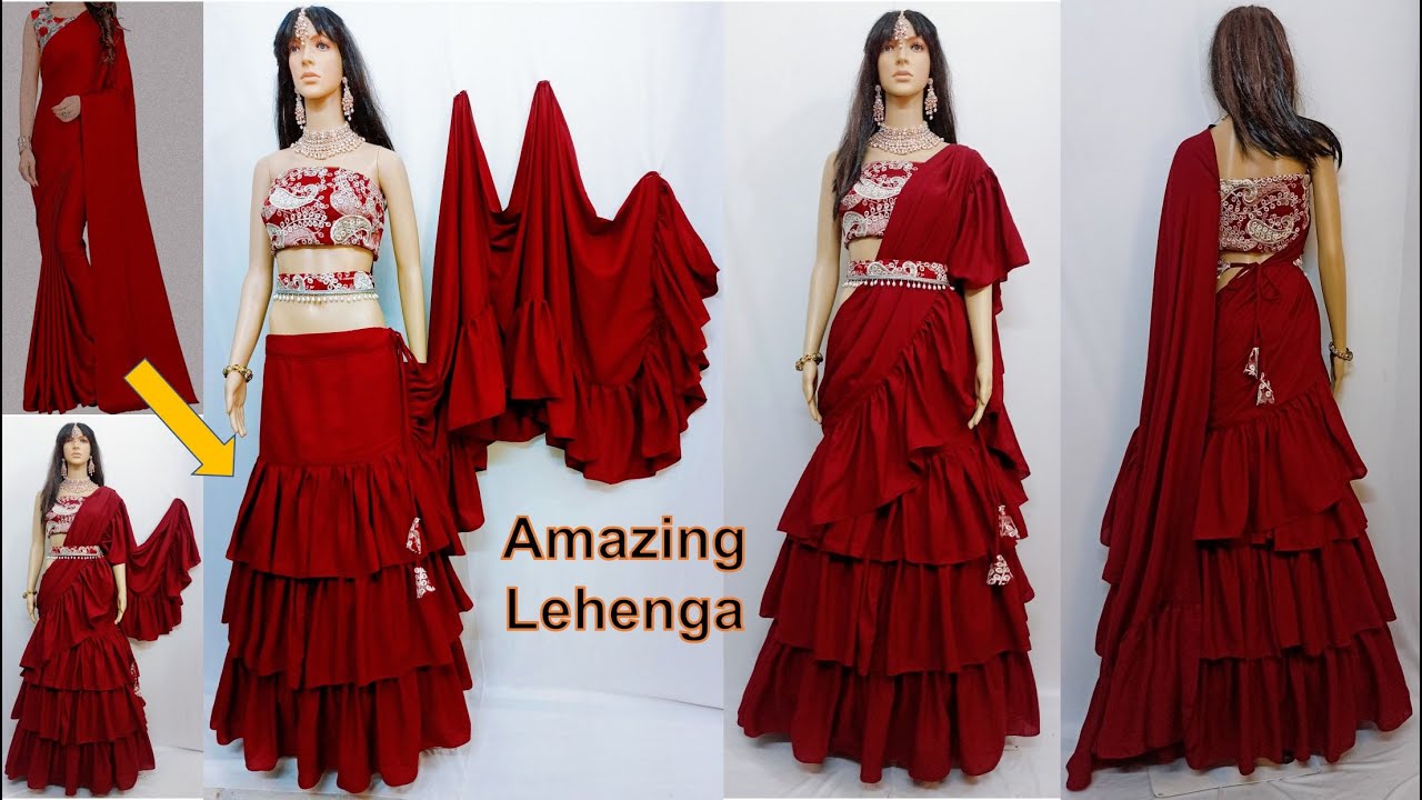 Designer Frill Lehenga Saree Cutting & Stitchingसिंपल साड़ी को फ्रिल लहंगा साड़ी बनाने का आसान तरीका