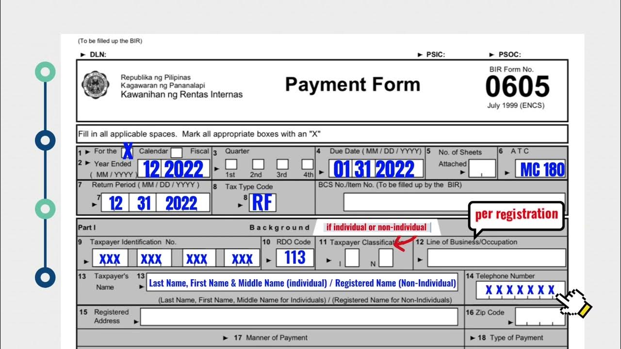 illustration on how to fill out the BIR Form 0605 for payment of