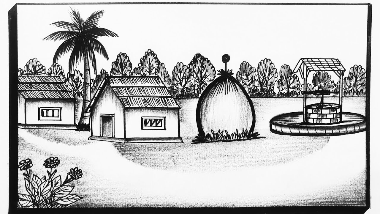 How to Draw Simple Village Scenery Drawing||Step By Step Village Nature Drawing||Easy House Drawing