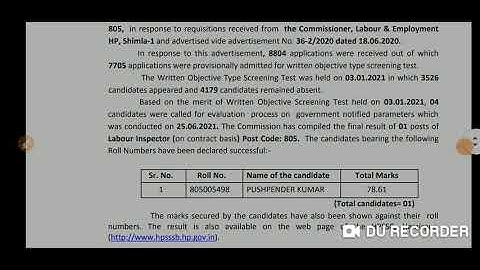 Labour Inspector (Post Code) 805 || Final result Hpssc Hamirpur ❤️||