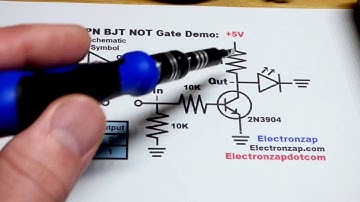NPN BJT NOT logic gate using 2N3904 bipolar junction transistor demonstration circuit with schematic
