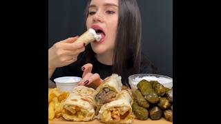 SHAWARMA + FRIES + GRAPE LEAVES (DOLMA) MUKBANG ASMR EATING asmr mukbang shawarma dolma