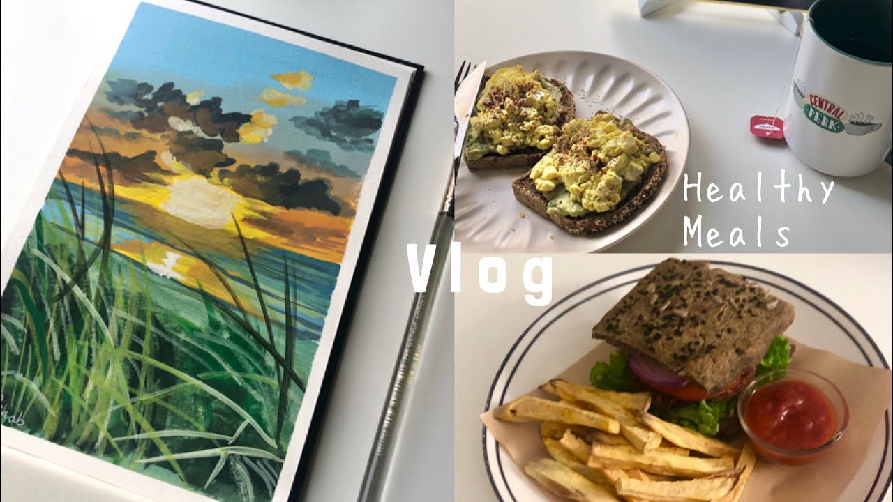 Vlog 。تحضير وجبات صحية 。 رسم منظر شروق الشمس 。 جوابي على سؤال هل أنتِ نباتية؟