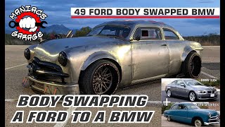 Body Swapping the Ford to the BMW in under 10 minutes  1949 Ford/BMW chassis swap