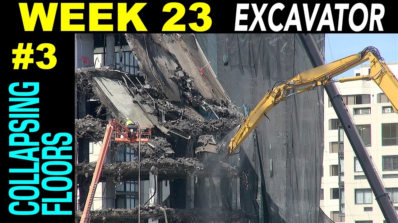 High reach demolition excavator collapsing highrise upper floors (compilation) (Week 23, set 3)