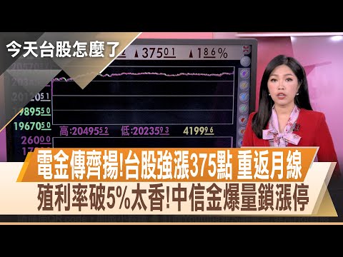 電金傳齊揚!台股強漲375點重新站回月線 殖利率破5%太香!中信金鎖漲停爆17萬張大量｜【今天台股怎麼了】20240429｜主播 陳斯寧@ustvhotstock