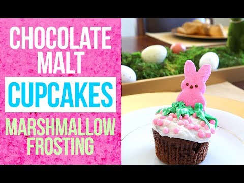 Chocolate Malt Cake Recipe with Fluffy Marshmallow Frosting | How to make Easter Bunny Cupcakes