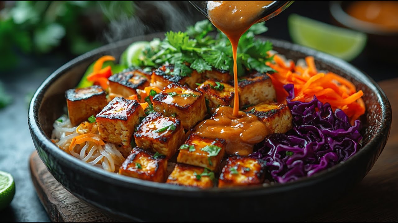 🥢 Веганская рисовая лапша с тофу и сливочным арахисово-кокосовым соусом