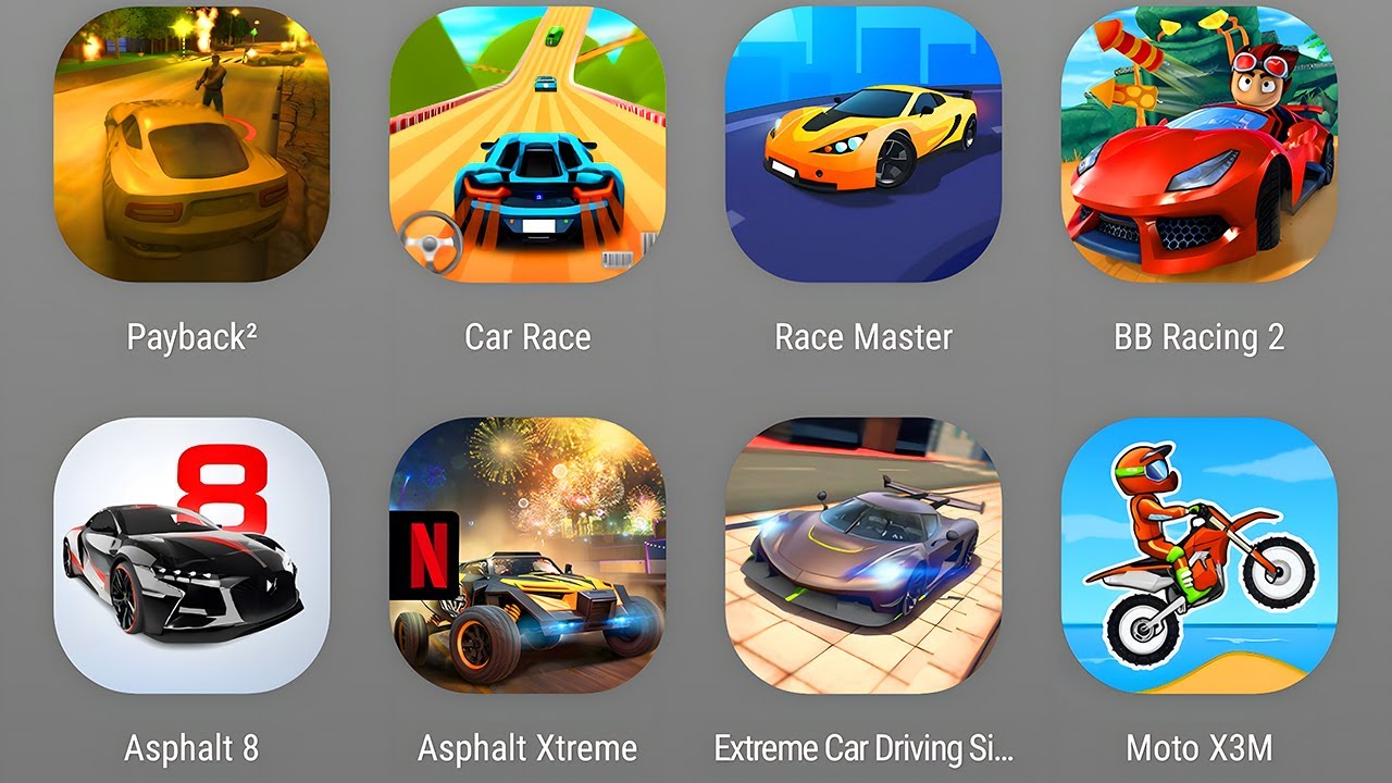 Payback 2,Car Race,Race Master,Beach Buggy Racing 2,Asphalt 8,Asphalt Extreme,Extreme Car Racing