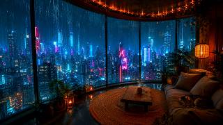 Midnight City FM – Rainy Neon Balcony Retreat | Cyberpunk Rain Ambience for Deep Sleep & Study | 4K