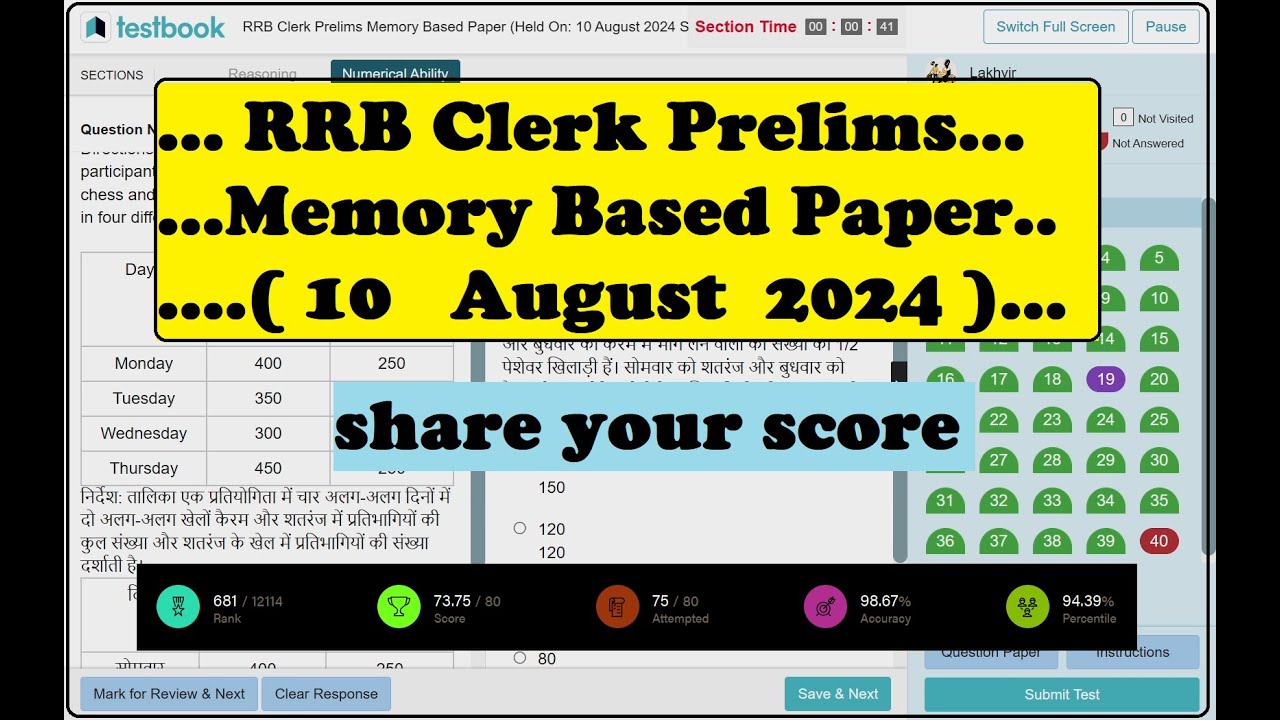 RRB Clerk Prelims Memory Based Paper (Held On: 10 August 2024 Shift 1 ...