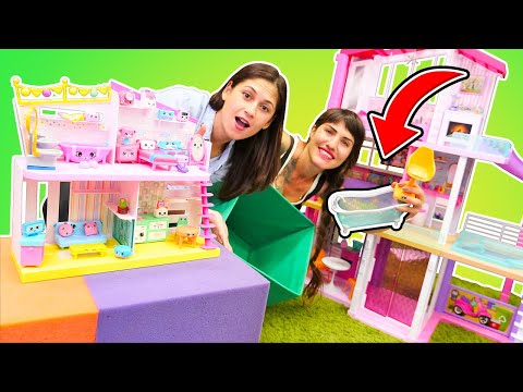 Oyuncak evi oyunları! Barbie evi VS Shopkins evi! Ayşe ve Ümit eşyaları yerleştiriyor