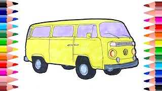 Bus VW Coloring Pages – How to draw and color school bus – Bus coloring videos for kids
