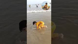 First Bath &Fun at Sea beach⛱️ #shorts #cutebaby #seabeach #songs #love #DreamscreenAi #beachupdates