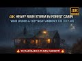 Heavy Rain Storm in Forest Cabin 🌧️ Wind Sounds &amp; Cozy Night Ambience for Sleep (4K)