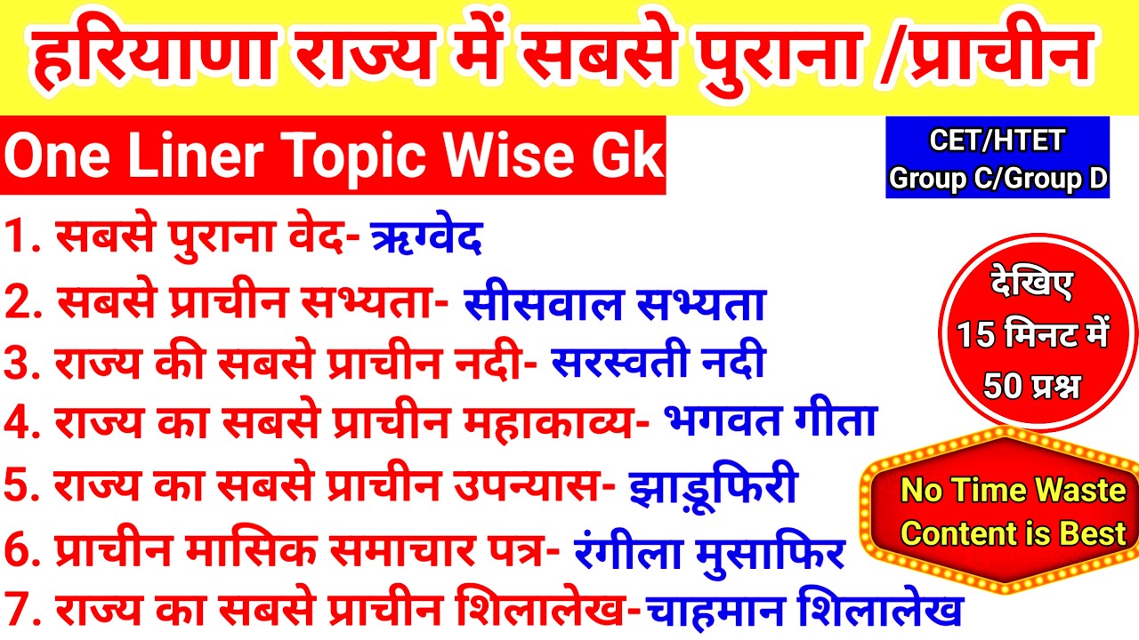 हरियाणा में सबसे प्राचीन/पुराना ।Gk Haryana One Liner।Ancient Haryana Gk|HSSC/CET/HTET/GROUP D_#gk
