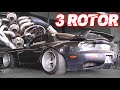 Triple turbo 3 rotor widebody rx7  street ride alonginsane burnout shreds tire  gt42r repu truck