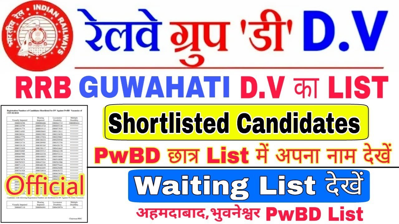 RRB GROUP 'D' OFFICIAL D.V DATE,LIST RRB GUWAHATI PwBD