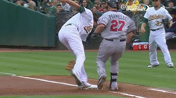 MIN@OAK: Moss throws to Samardzija for out at first