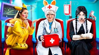 Wednesday Addams was Adopted by Superheroes! Pokemon in Hospital