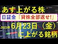 あす上がる株　2023年６月２３日（金）に上がる銘柄　～日本株での株式投資のお話です。最新の半導体関連銘柄と生成AI株、商社株と防衛関連株。テスホールディングスの貸し株～