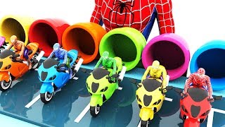 Spidermen riding Motorcycles cross pipe water slide - Colors  for Children to Learn