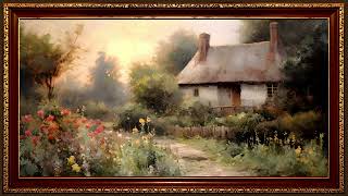 Morning Sunrise at a Cottage Garden, Impressionist Oil Painting | Framed Art Screensaver for TV