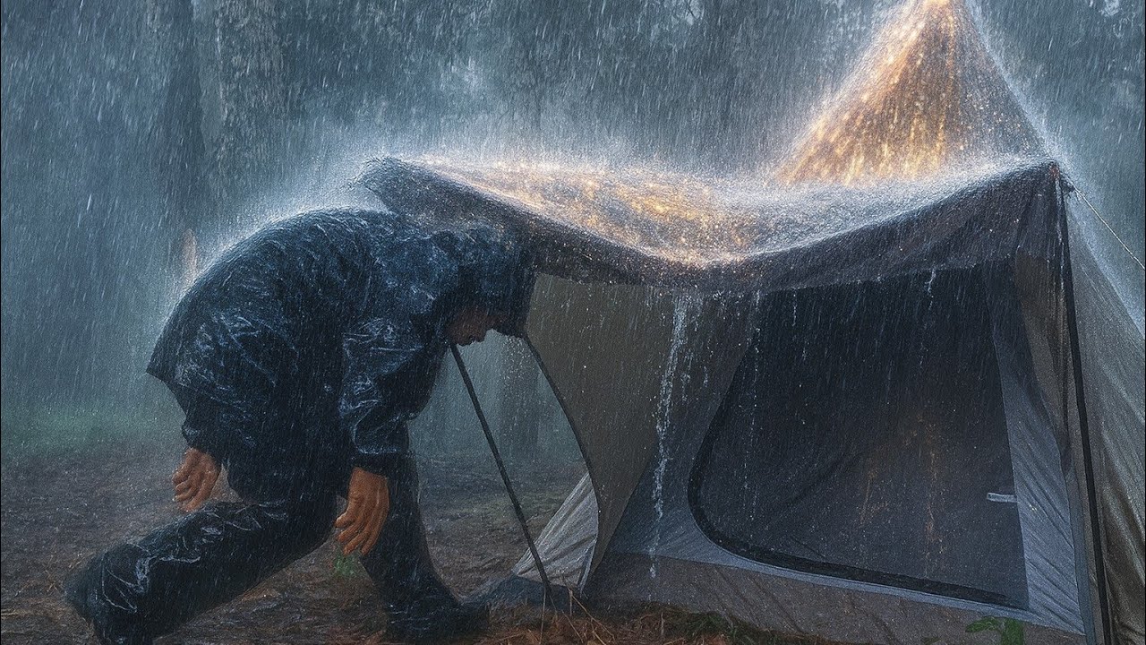 A Storm Hit Right After Setting Up the Tent | Solo Camping in Heavy ...