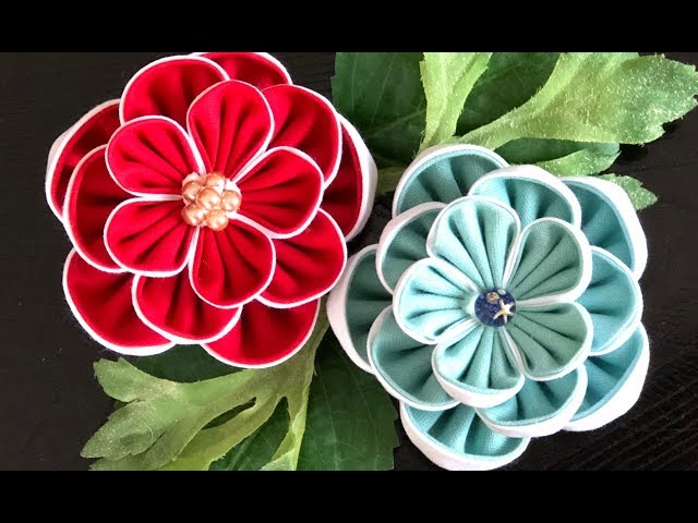 【つまみ細工風の椿  針と糸を使って簡単に作ってみました】kanzashi flower  fabric flower