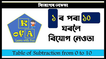 Table of Substraction From 1 to 10 ৷ বিয়োগৰ নেওতা ৷ ১ ৰ পৰা ১০ ঘৰলৈ ৷