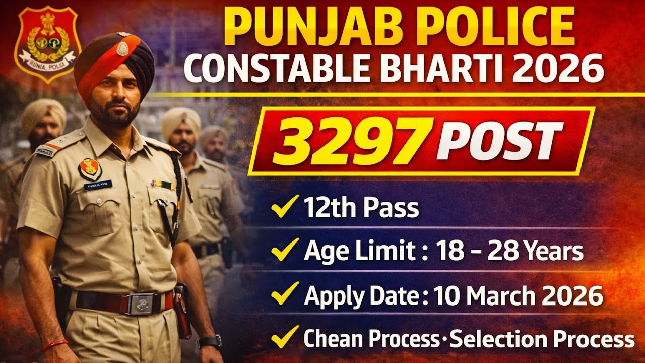 1️⃣ Punjab Police Constable Recruitment 2026 | 3297 Post | 12th Pass | Apply Date & Full Details