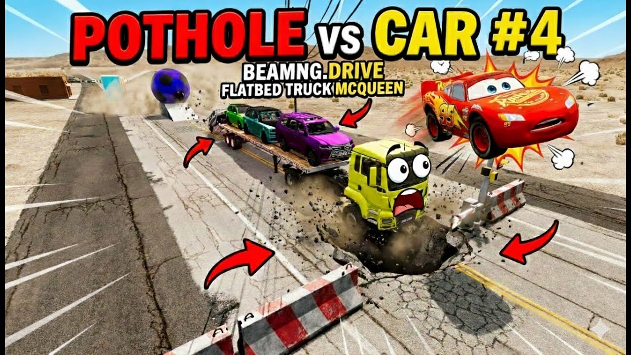 Flatbed Truck Mcqueen | Transportation wits Truck - Pothole vs Car #4 - BeamNG.Drive
