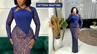 HOW TO CUT BUSTIER PENCIL GOWN WITH BASQUE WAISTLINE, SCALLOP NECKLINE #letusdraft
