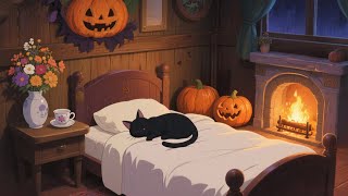 Vintage halloween cottage bedroom with sleepy black cat and soft oldies in another room screenshot 5
